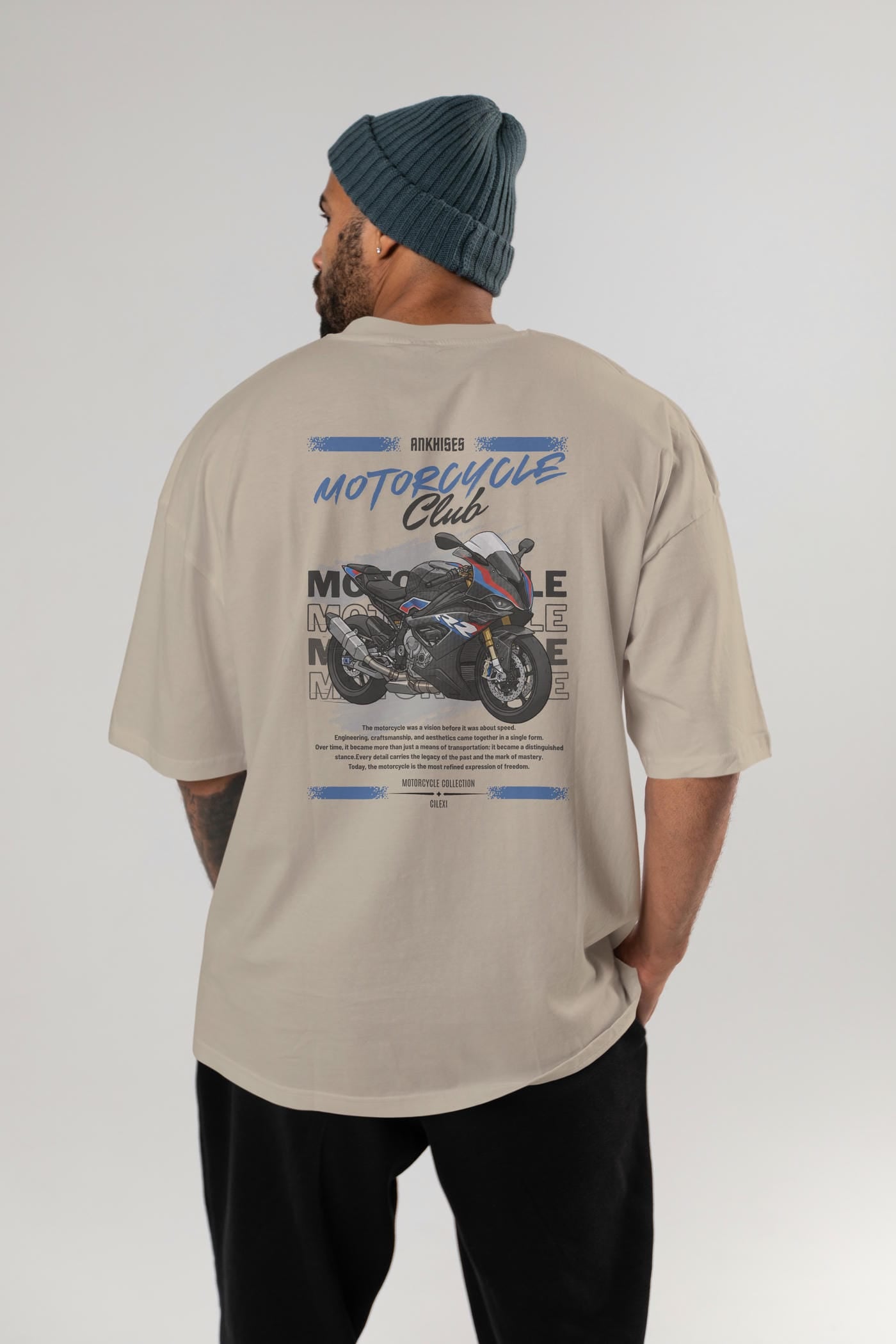 Motosiklet Serisi 2 Arka Baskılı Oversize t-shirt Erkek Kadın %100 Pamuk Bisiklet Yaka tişort