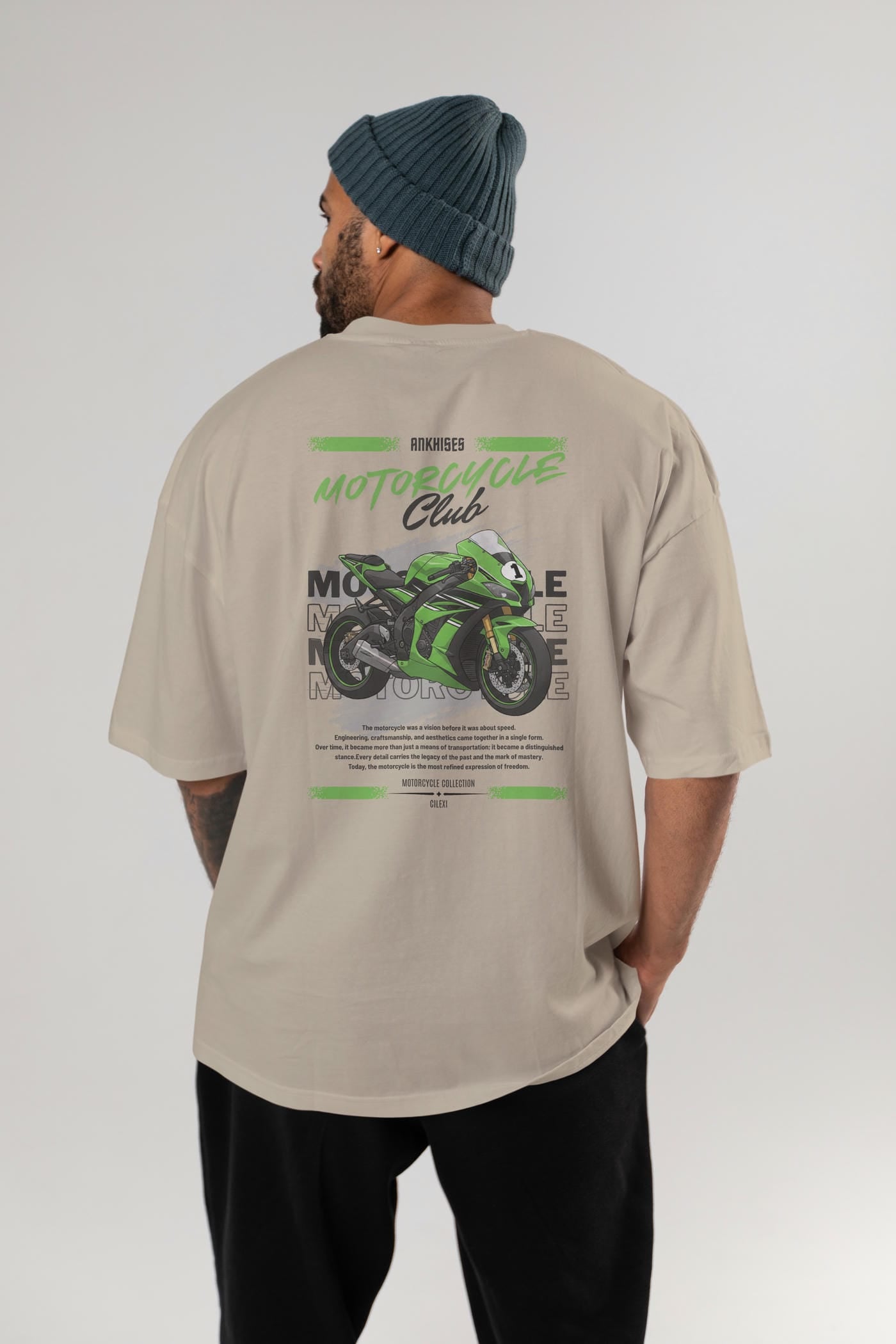 Motosiklet Serisi 6 Arka Baskılı Oversize t-shirt Erkek Kadın %100 Pamuk Bisiklet Yaka tişort