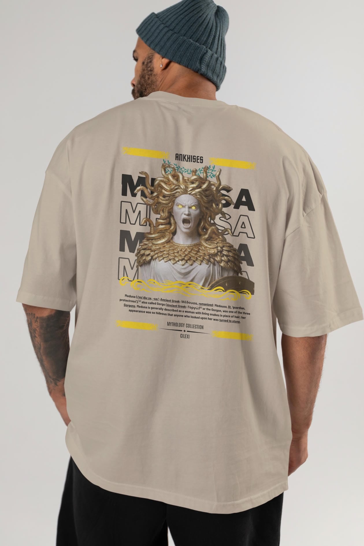 Medusa 1 Arka Baskılı Oversize t-shirt Erkek Kadın %100 Pamuk Bisiklet Yaka tişort