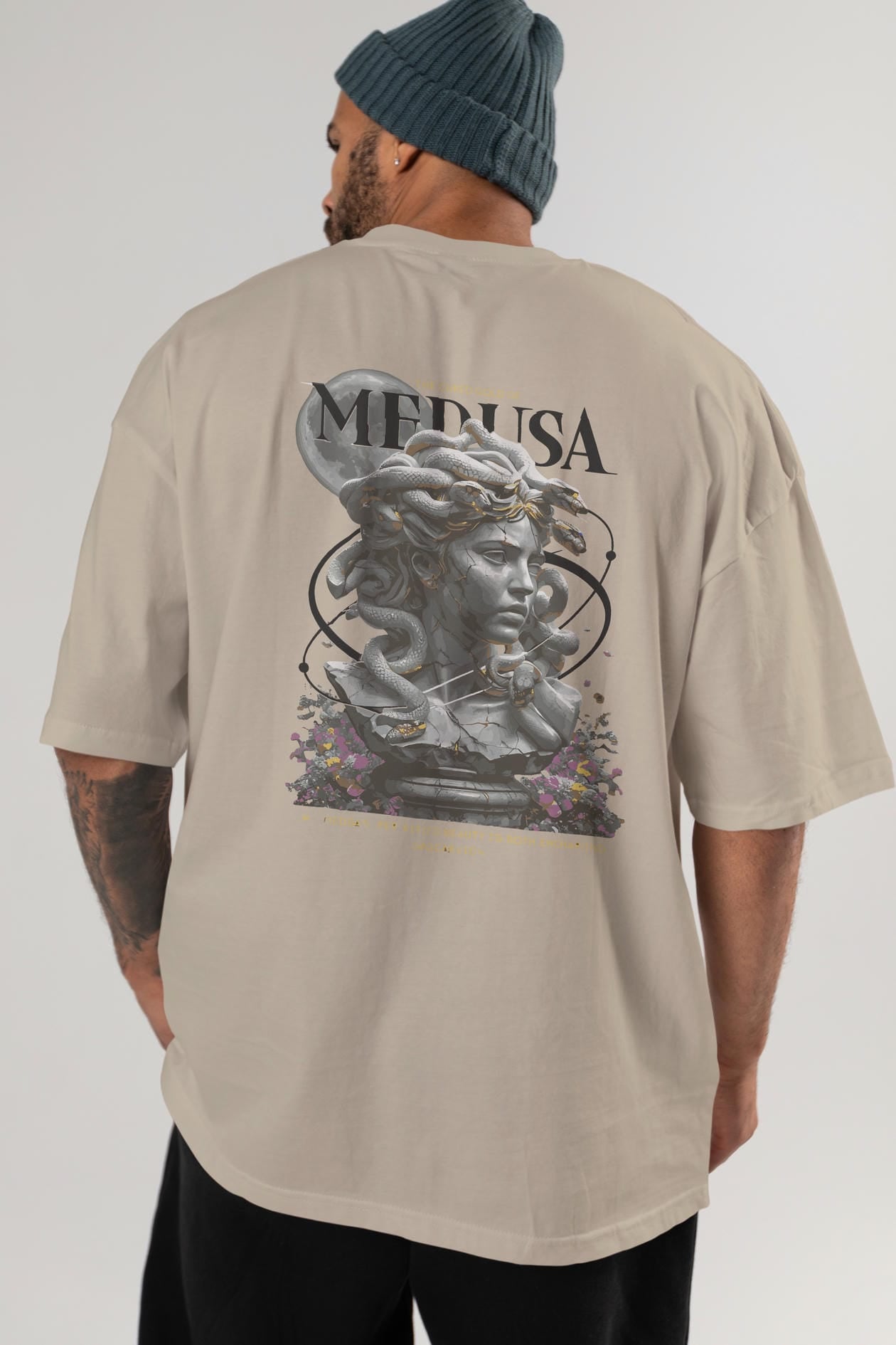 Medusa Arka Baskılı Oversize t-shirt Erkek Kadın %100 Pamuk Bisiklet Yaka tişort