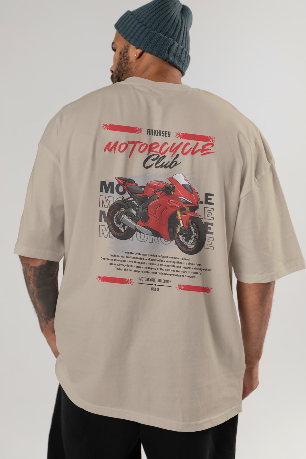 Motosiklet Serisi 7 Arka Baskılı Oversize t-shirt Erkek Kadın %100 Pamuk Bisiklet Yaka tişort