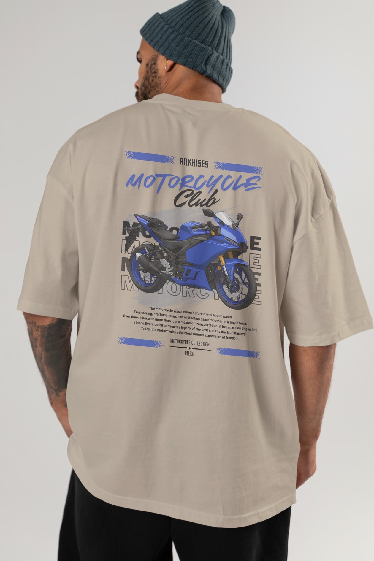 Motosiklet Serisi 33 Arka Baskılı Oversize t-shirt Erkek Kadın %100 Pamuk Bisiklet Yaka tişort