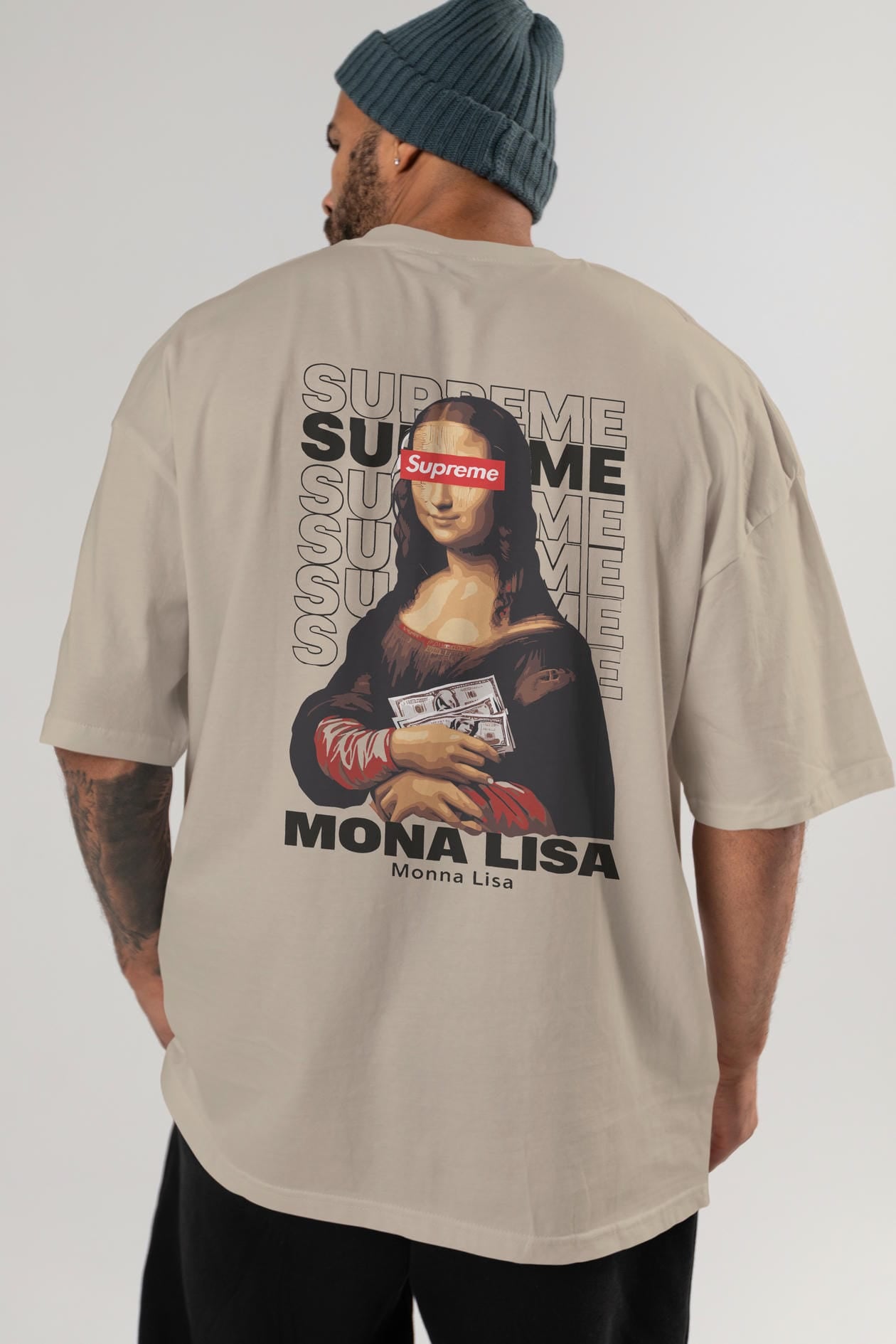 Mona Lisa Supreme Arka Baskılı Oversize t-shirt Erkek Kadın %100 Pamuk Bisiklet Yaka tişort