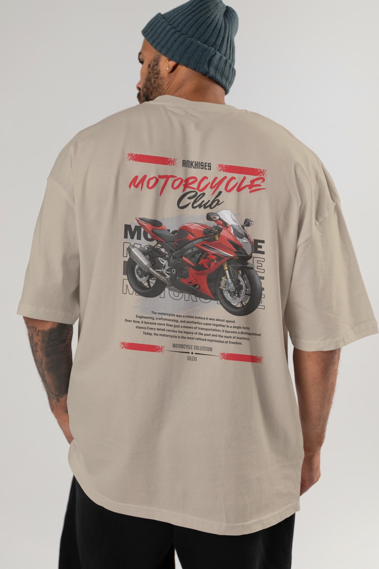 Motosiklet Serisi 5 Arka Baskılı Oversize t-shirt Erkek Kadın %100 Pamuk Bisiklet Yaka tişort