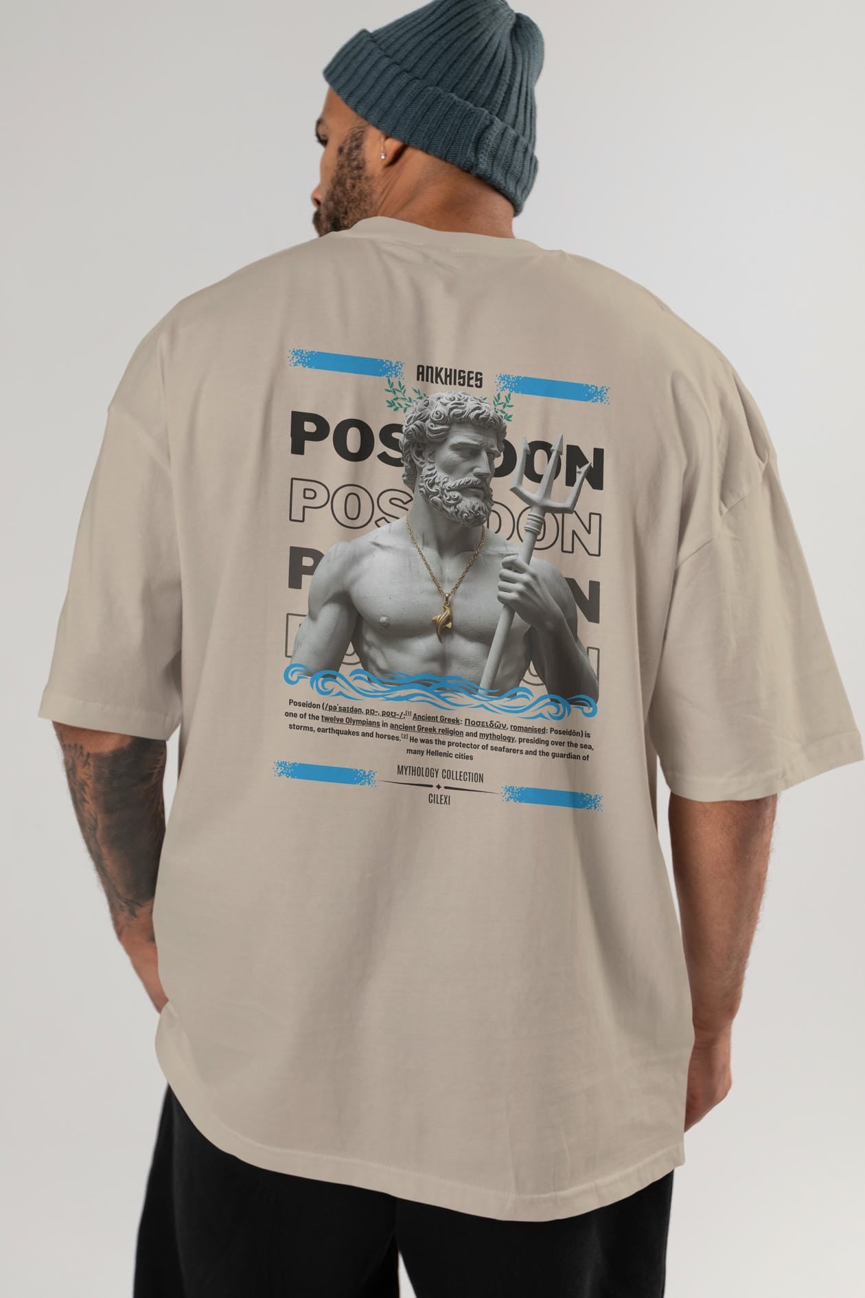 Poseidon 3 Arka Baskılı Oversize t-shirt Erkek Kadın %100 Pamuk Bisiklet Yaka tişort