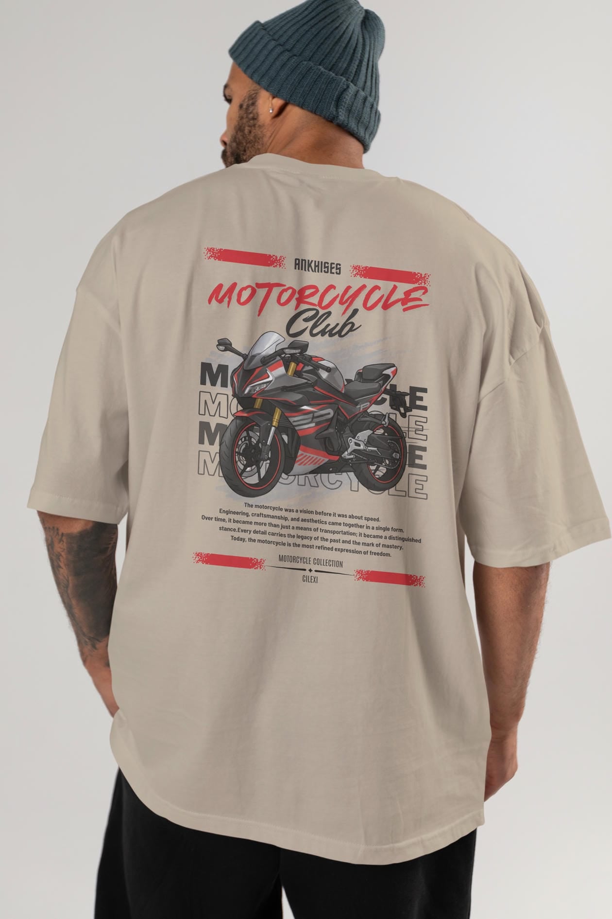 Motosiklet Serisi 17 Arka Baskılı Oversize t-shirt Erkek Kadın %100 Pamuk Bisiklet Yaka tişort