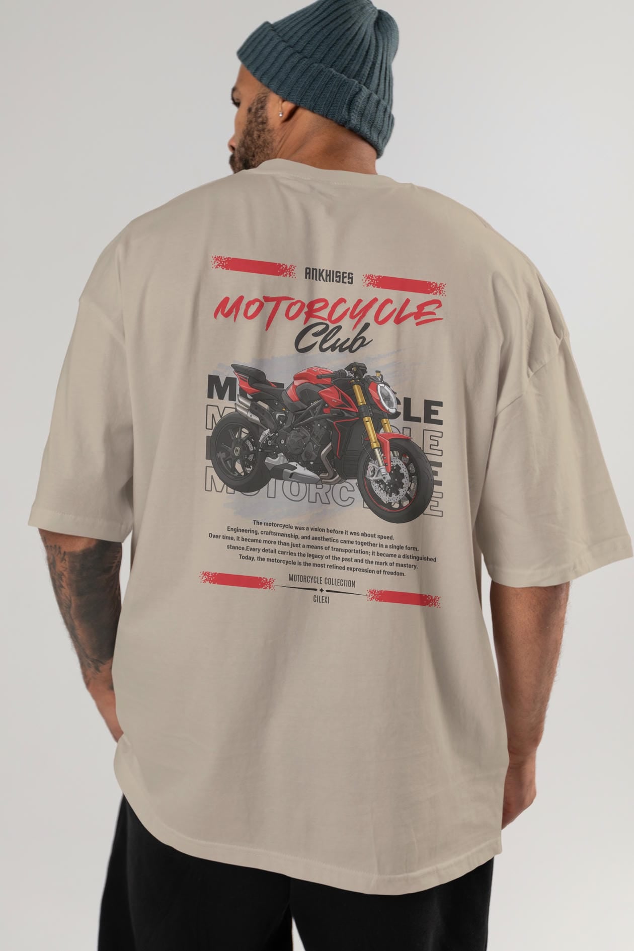 Motosiklet Serisi 26 Arka Baskılı Oversize t-shirt Erkek Kadın %100 Pamuk Bisiklet Yaka tişort