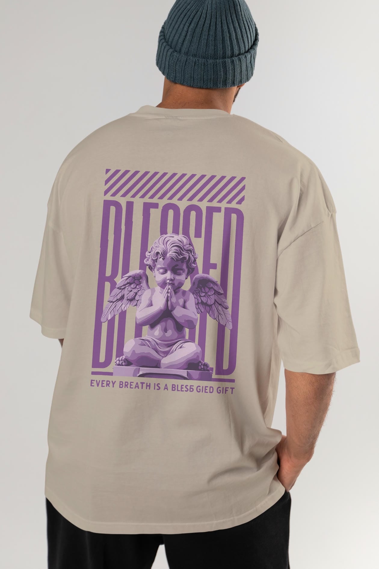 Blessed Arka Baskılı Oversize t-shirt Erkek Kadın %100 Pamuk Bisiklet Yaka tişort
