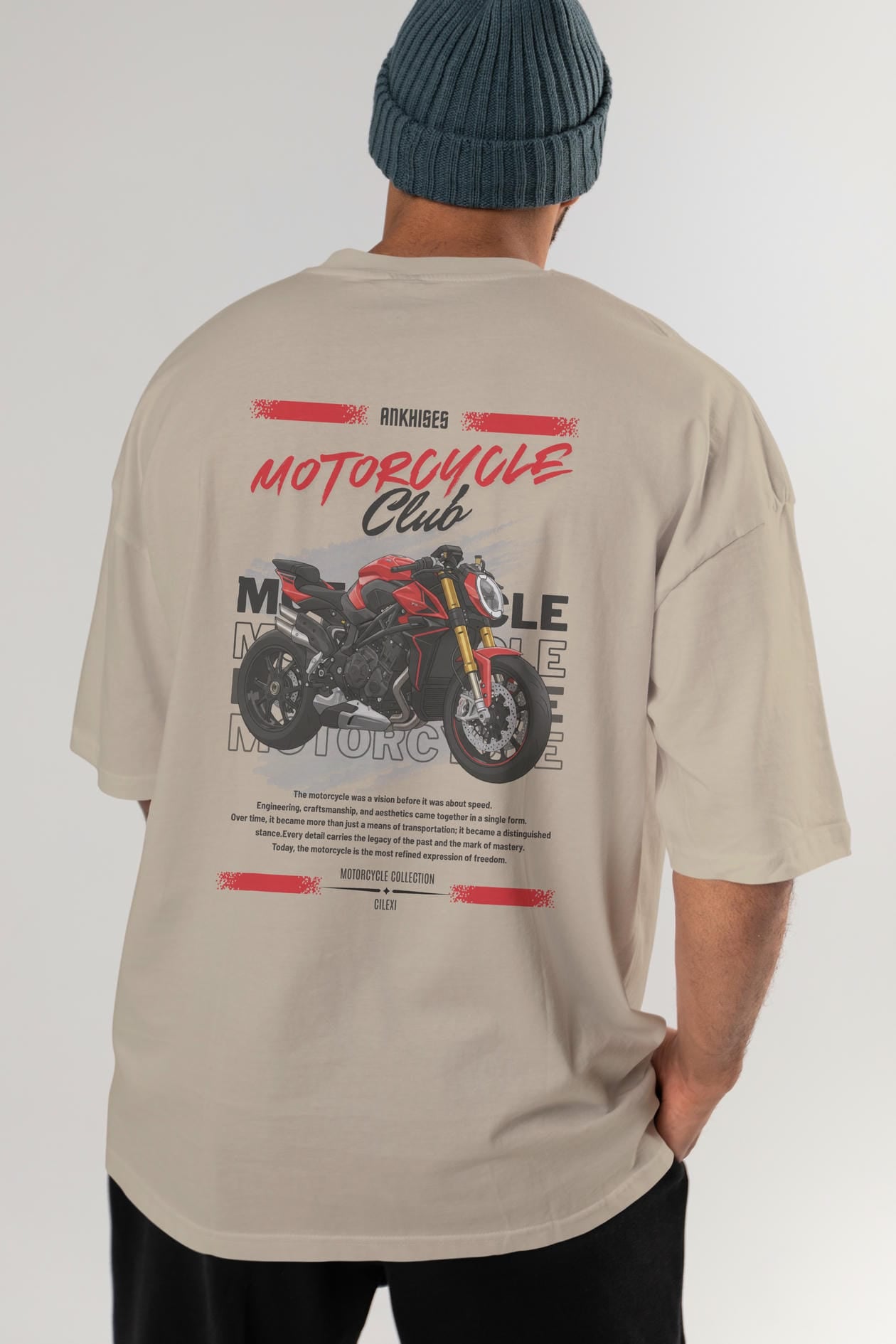 Motosiklet Serisi 26 Arka Baskılı Oversize t-shirt Erkek Kadın %100 Pamuk Bisiklet Yaka tişort