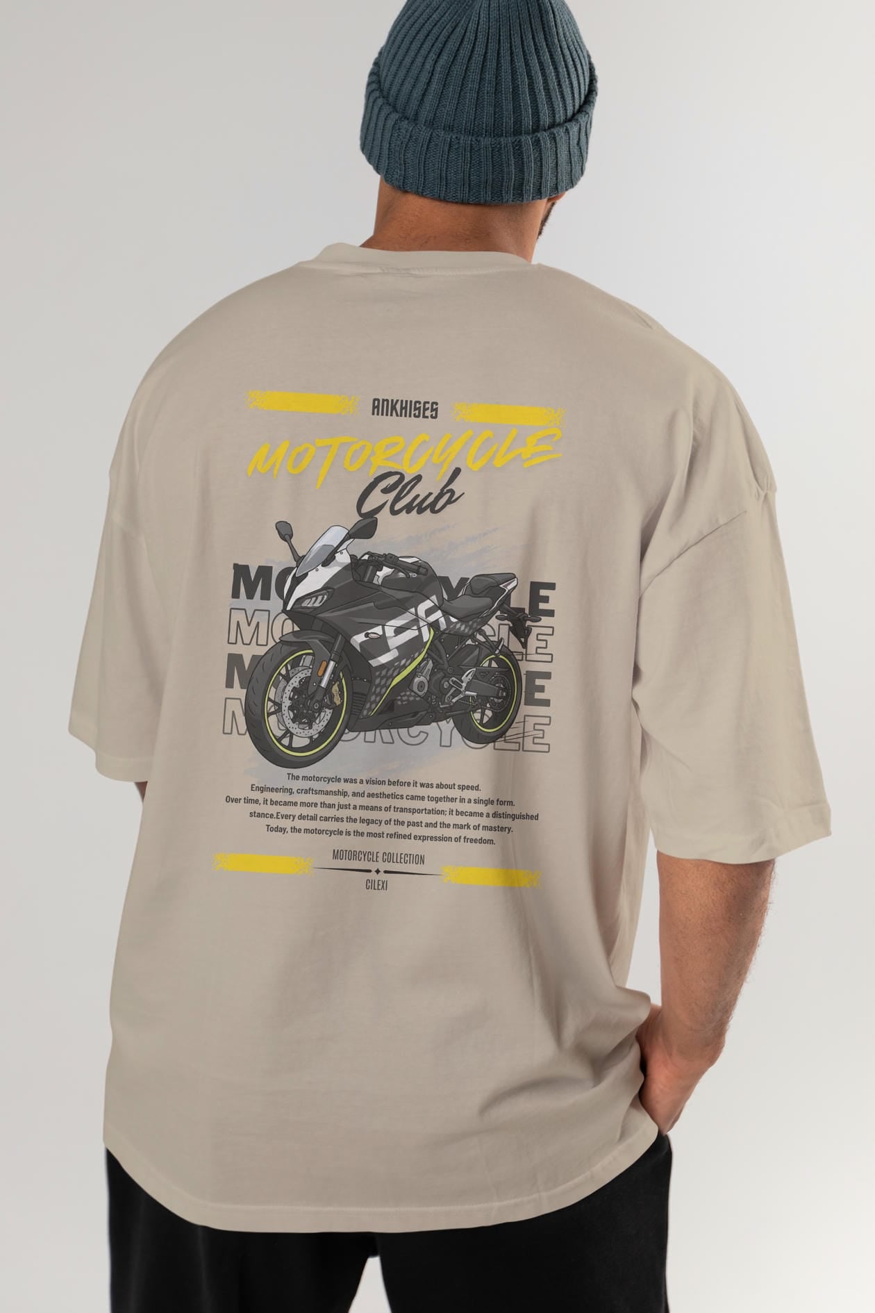 Motosiklet Serisi 16 Arka Baskılı Oversize t-shirt Erkek Kadın %100 Pamuk Bisiklet Yaka tişort