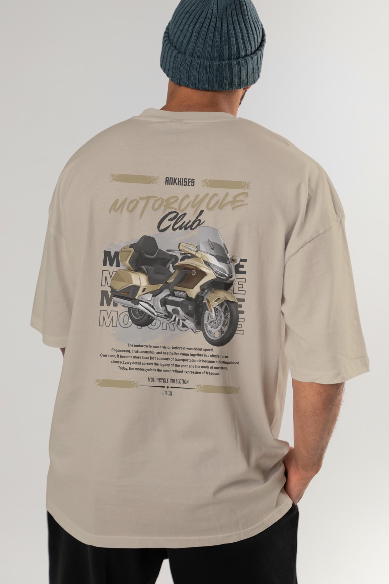 Motosiklet Serisi 28 Arka Baskılı Oversize t-shirt Erkek Kadın %100 Pamuk Bisiklet Yaka tişort