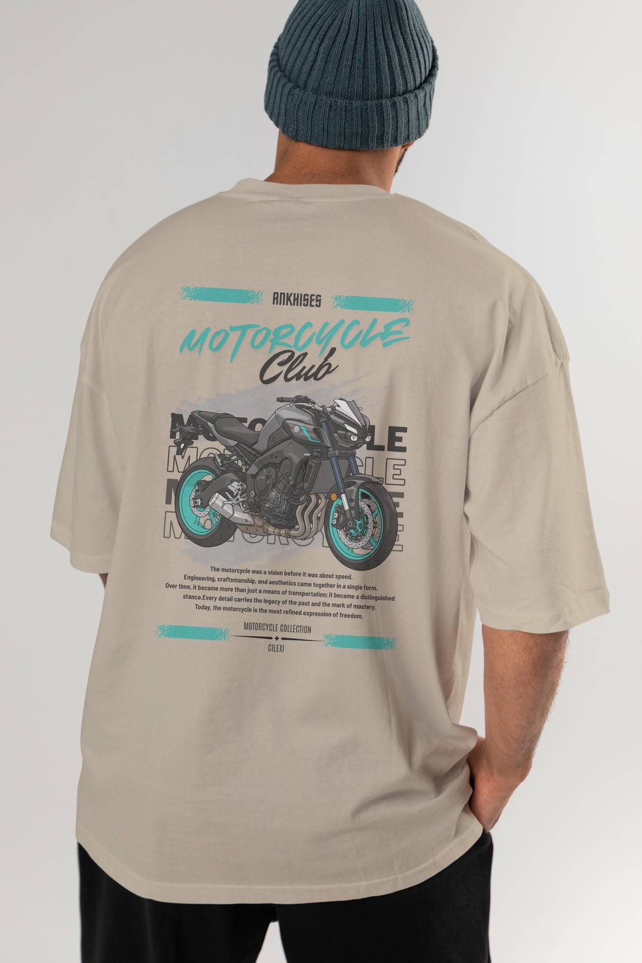 Motosiklet Serisi 21 Arka Baskılı Oversize t-shirt Erkek Kadın %100 Pamuk Bisiklet Yaka tişort