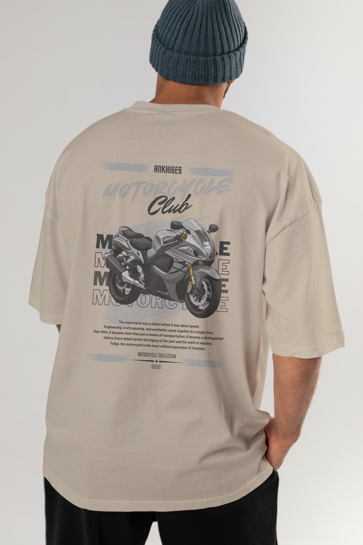 Motosiklet Serisi 9 Arka Baskılı Oversize t-shirt Erkek Kadın %100 Pamuk Bisiklet Yaka tişort