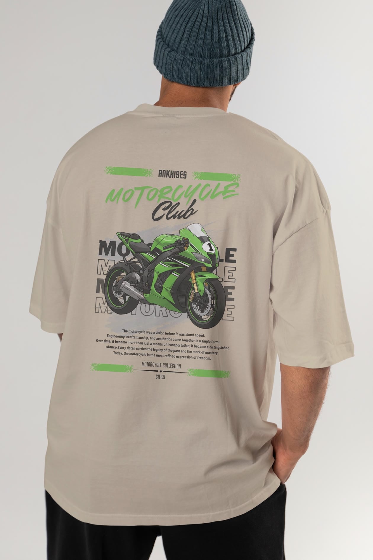 Motosiklet Serisi 6 Arka Baskılı Oversize t-shirt Erkek Kadın %100 Pamuk Bisiklet Yaka tişort
