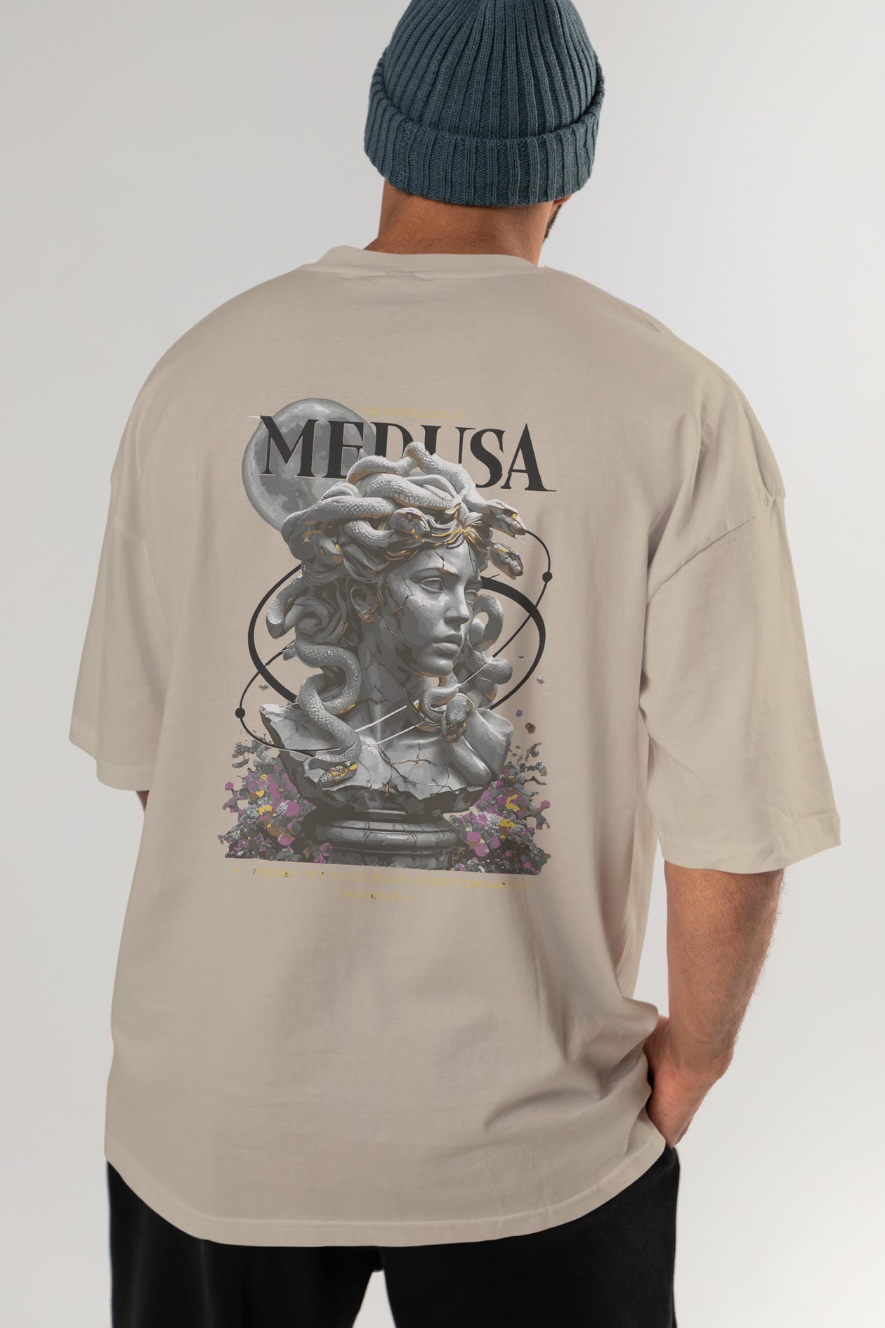 Medusa Arka Baskılı Oversize t-shirt Erkek Kadın %100 Pamuk Bisiklet Yaka tişort