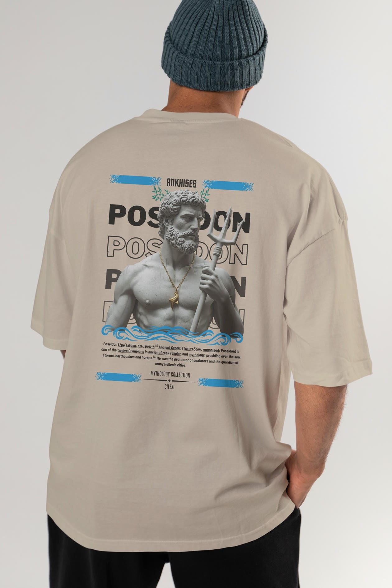 Poseidon 3 Arka Baskılı Oversize t-shirt Erkek Kadın %100 Pamuk Bisiklet Yaka tişort