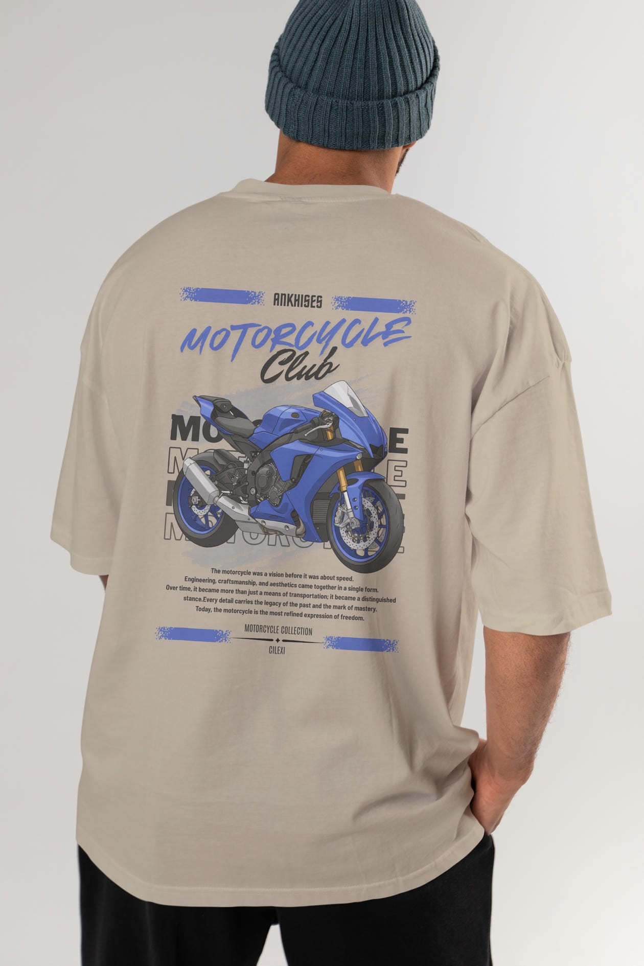 Motosiklet Serisi 31 Arka Baskılı Oversize t-shirt Erkek Kadın %100 Pamuk Bisiklet Yaka tişort