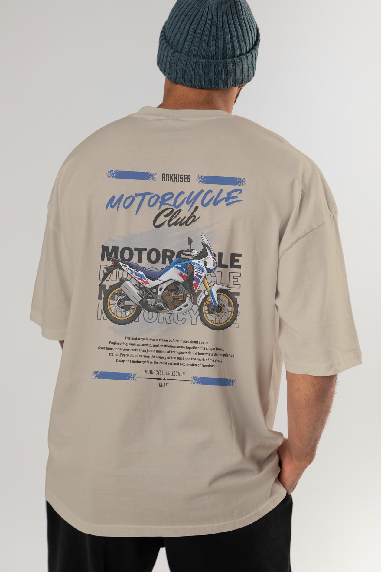 Motosiklet Serisi 23 Arka Baskılı Oversize t-shirt Erkek Kadın %100 Pamuk Bisiklet Yaka tişort