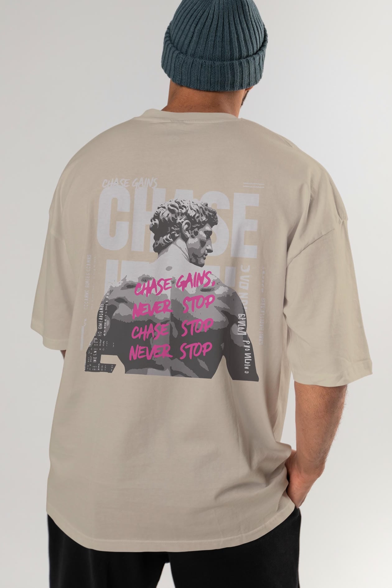 Chase Gains Arka Baskılı Oversize t-shirt Erkek Kadın %100 Pamuk Bisiklet Yaka tişort
