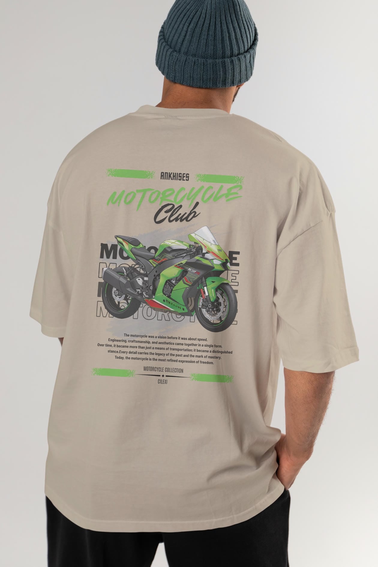 Motosiklet Serisi 14 Arka Baskılı Oversize t-shirt Erkek Kadın %100 Pamuk Bisiklet Yaka tişort