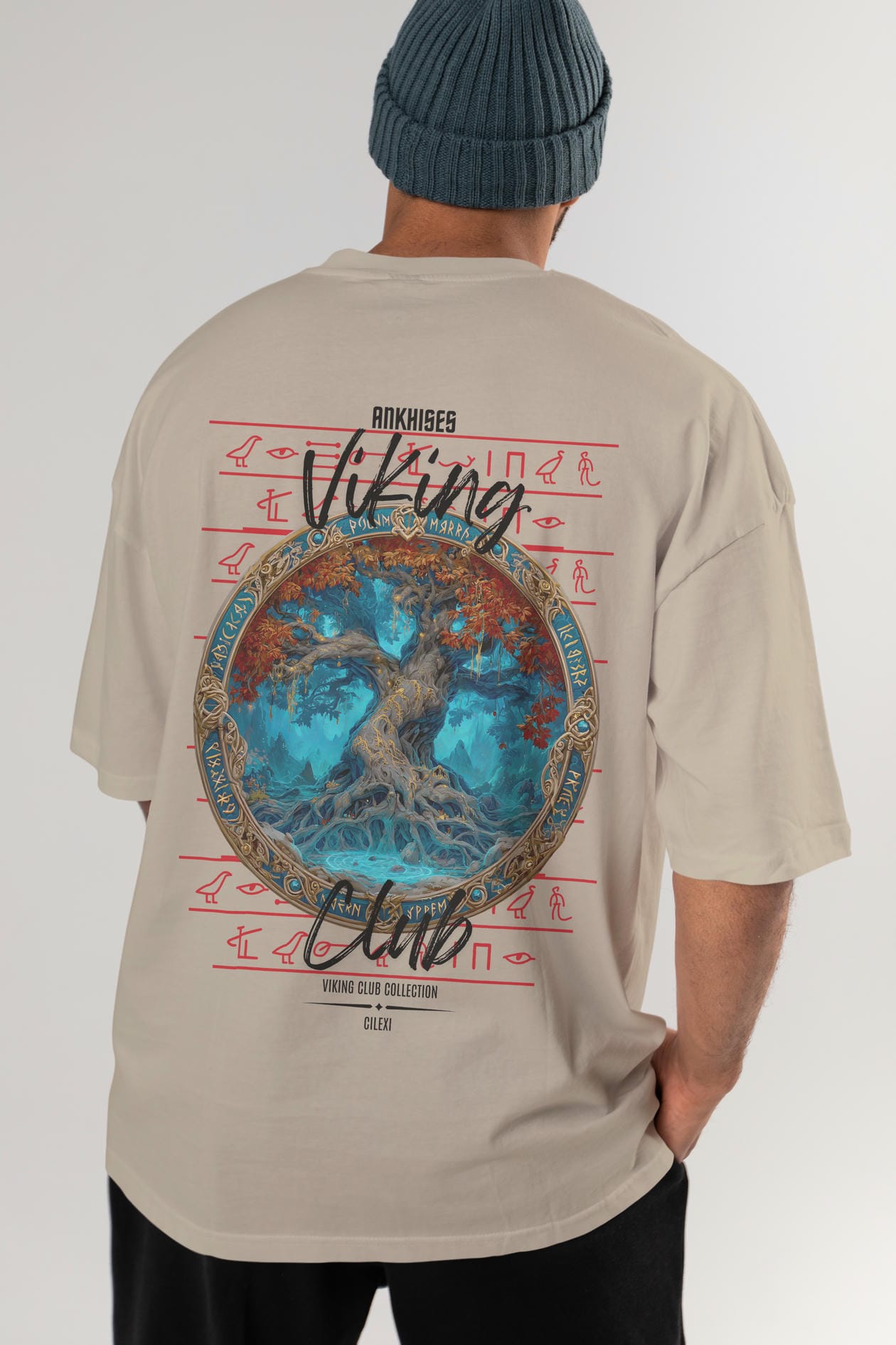 Yggdrasil Arka Baskılı Oversize t-shirt Erkek Kadın %100 Pamuk Bisiklet Yaka tişort