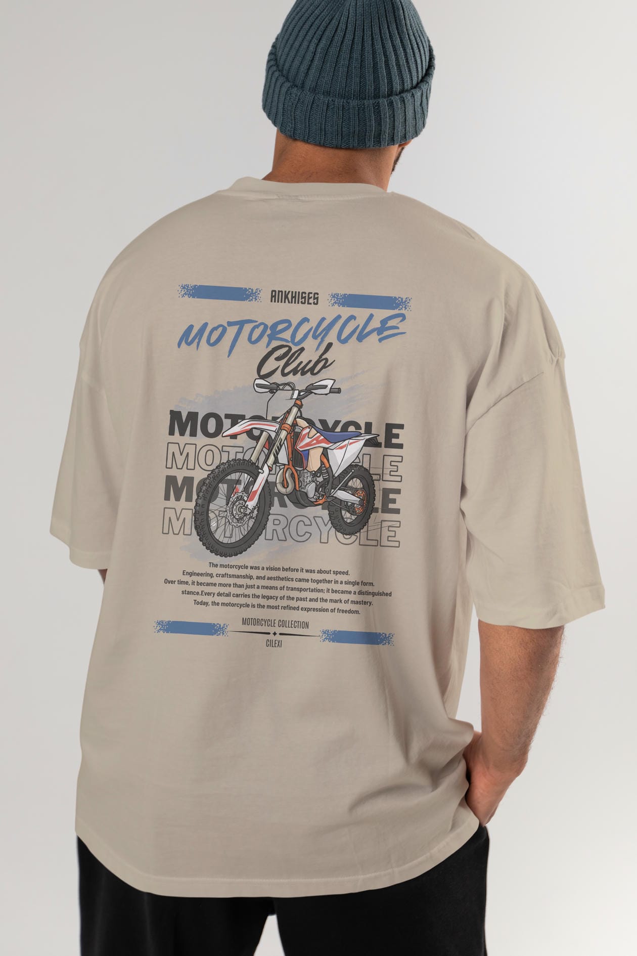 Motosiklet Serisi 18 Arka Baskılı Oversize t-shirt Erkek Kadın %100 Pamuk Bisiklet Yaka tişort