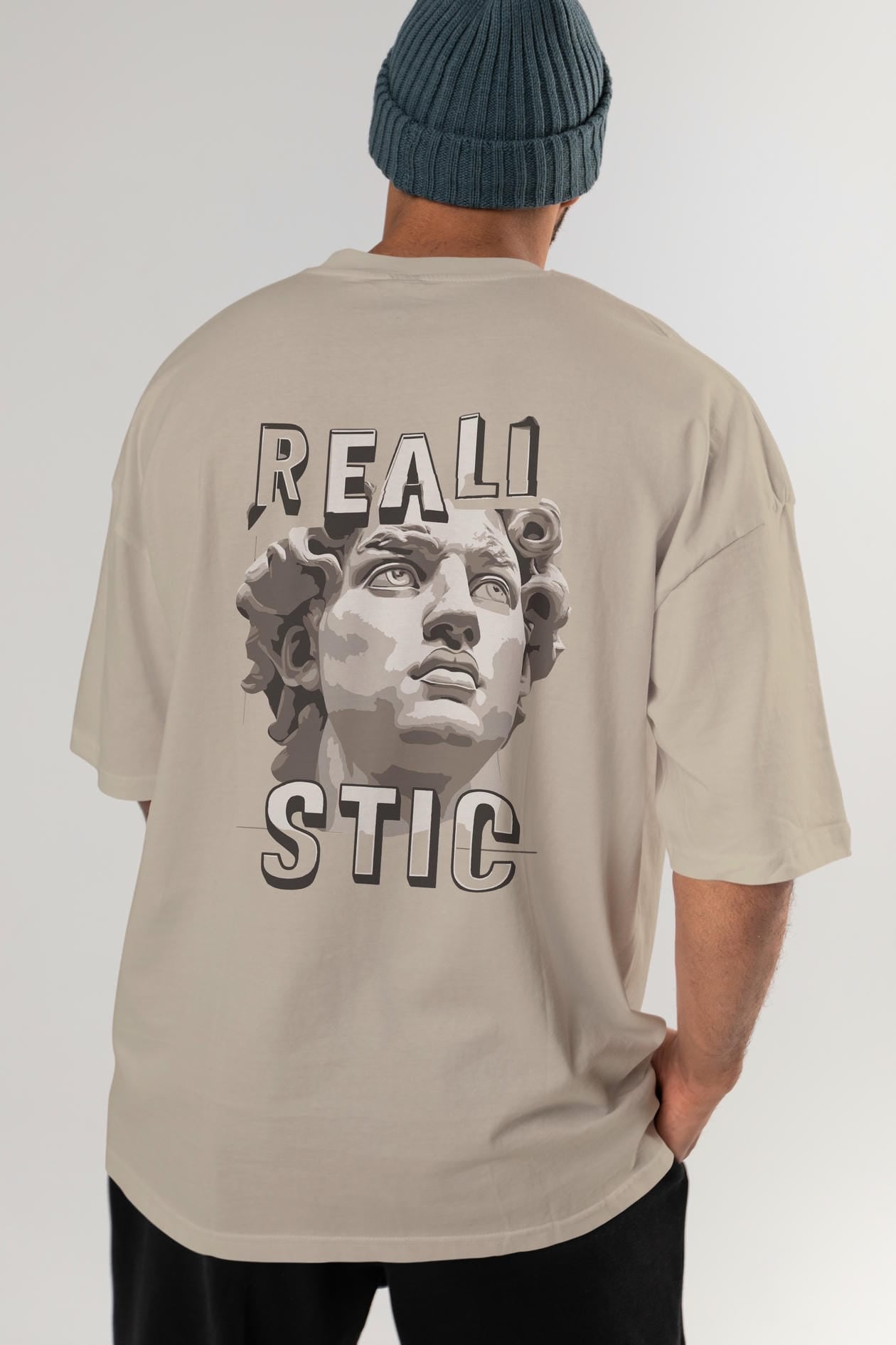 Realistic Arka Baskılı Oversize t-shirt Erkek Kadın %100 Pamuk Bisiklet Yaka tişort