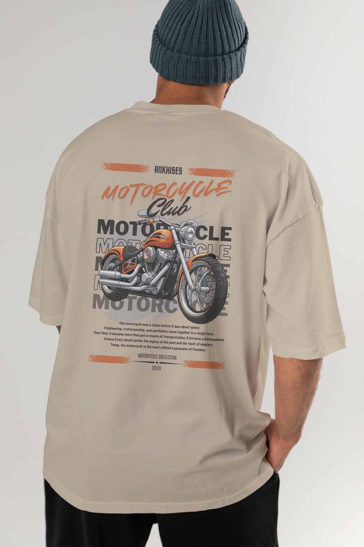 Motosiklet Serisi 34 Arka Baskılı Oversize t-shirt Erkek Kadın %100 Pamuk Bisiklet Yaka tişort