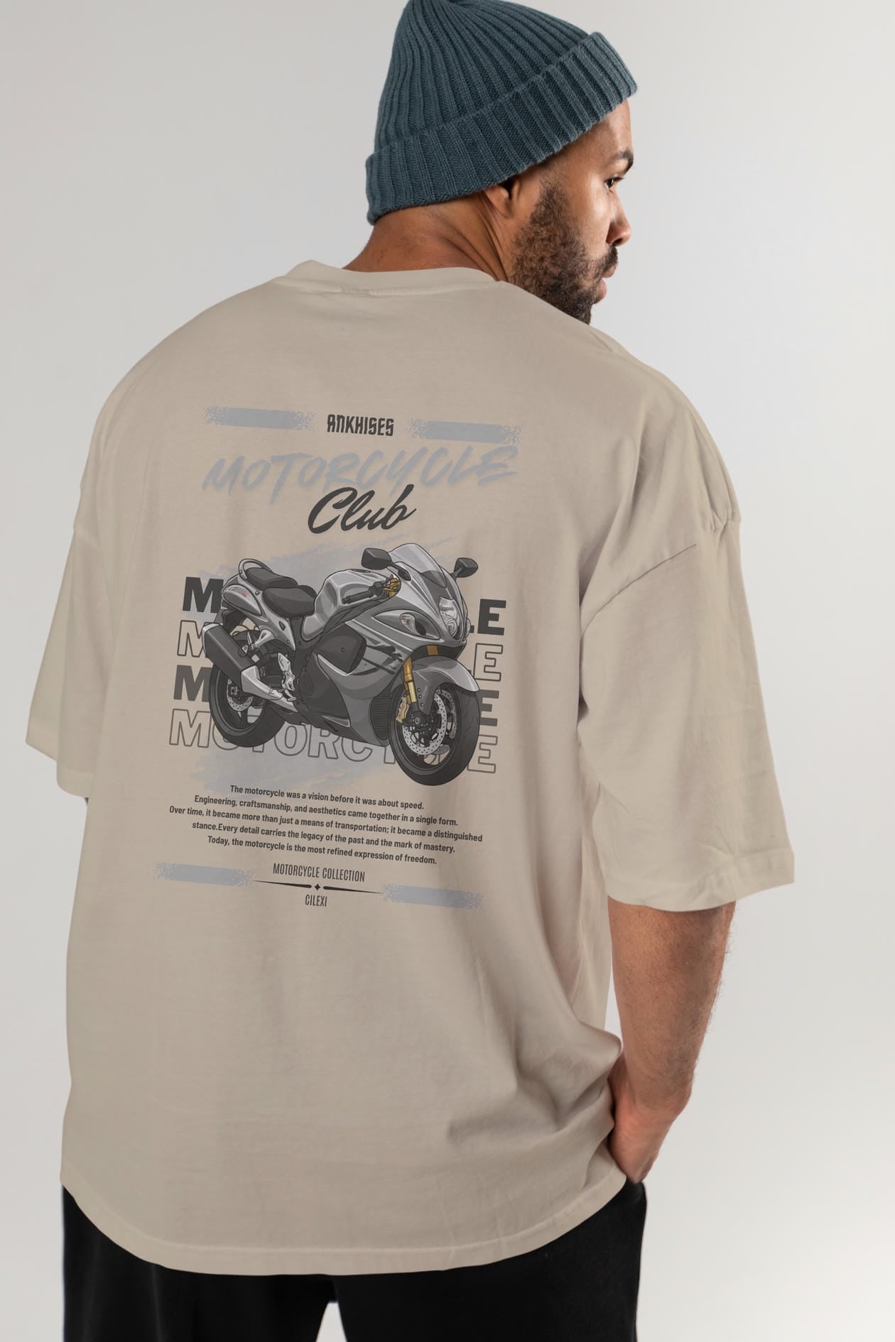 Motosiklet Serisi 9 Arka Baskılı Oversize t-shirt Erkek Kadın %100 Pamuk Bisiklet Yaka tişort