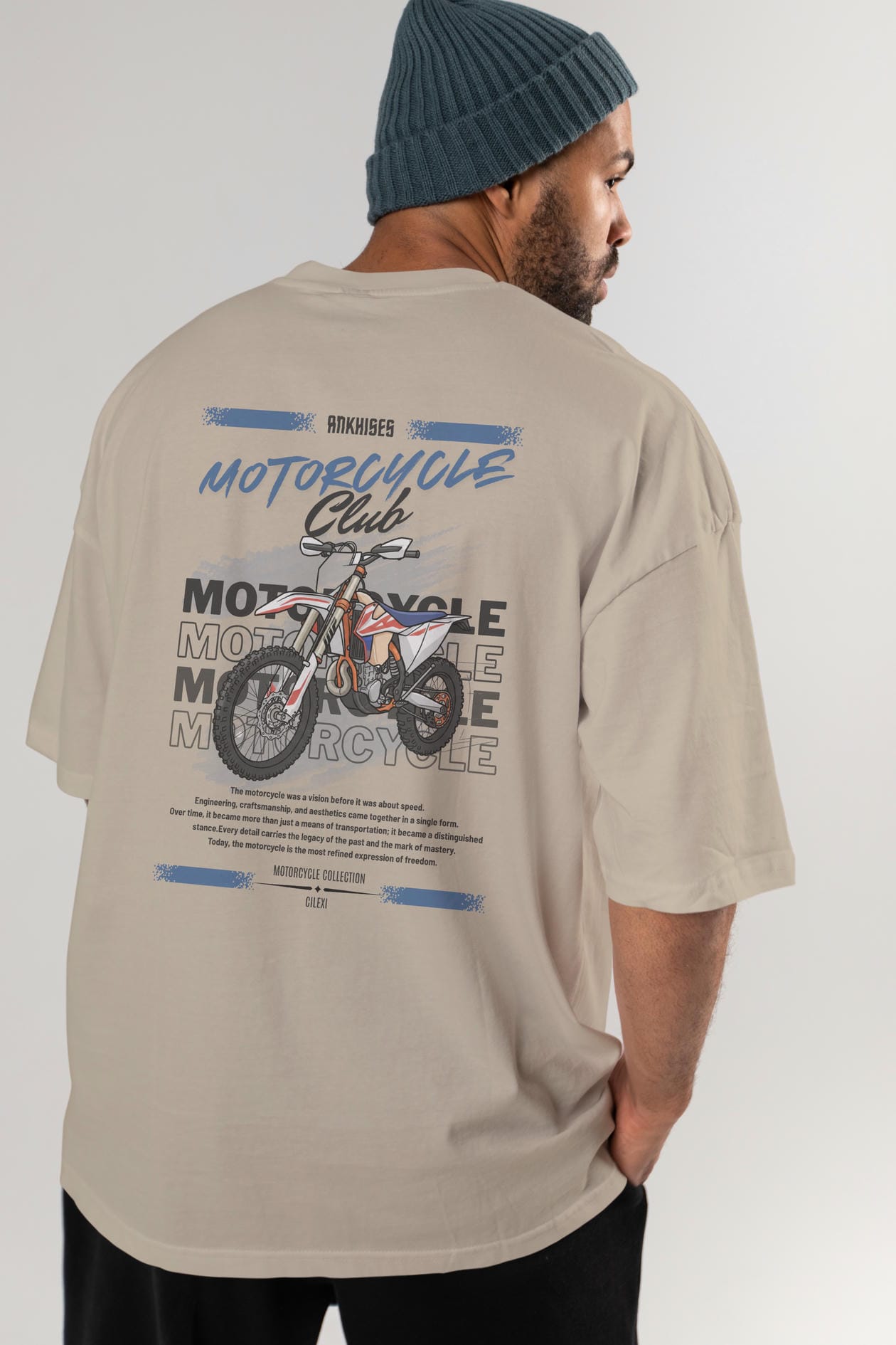 Motosiklet Serisi 18 Arka Baskılı Oversize t-shirt Erkek Kadın %100 Pamuk Bisiklet Yaka tişort