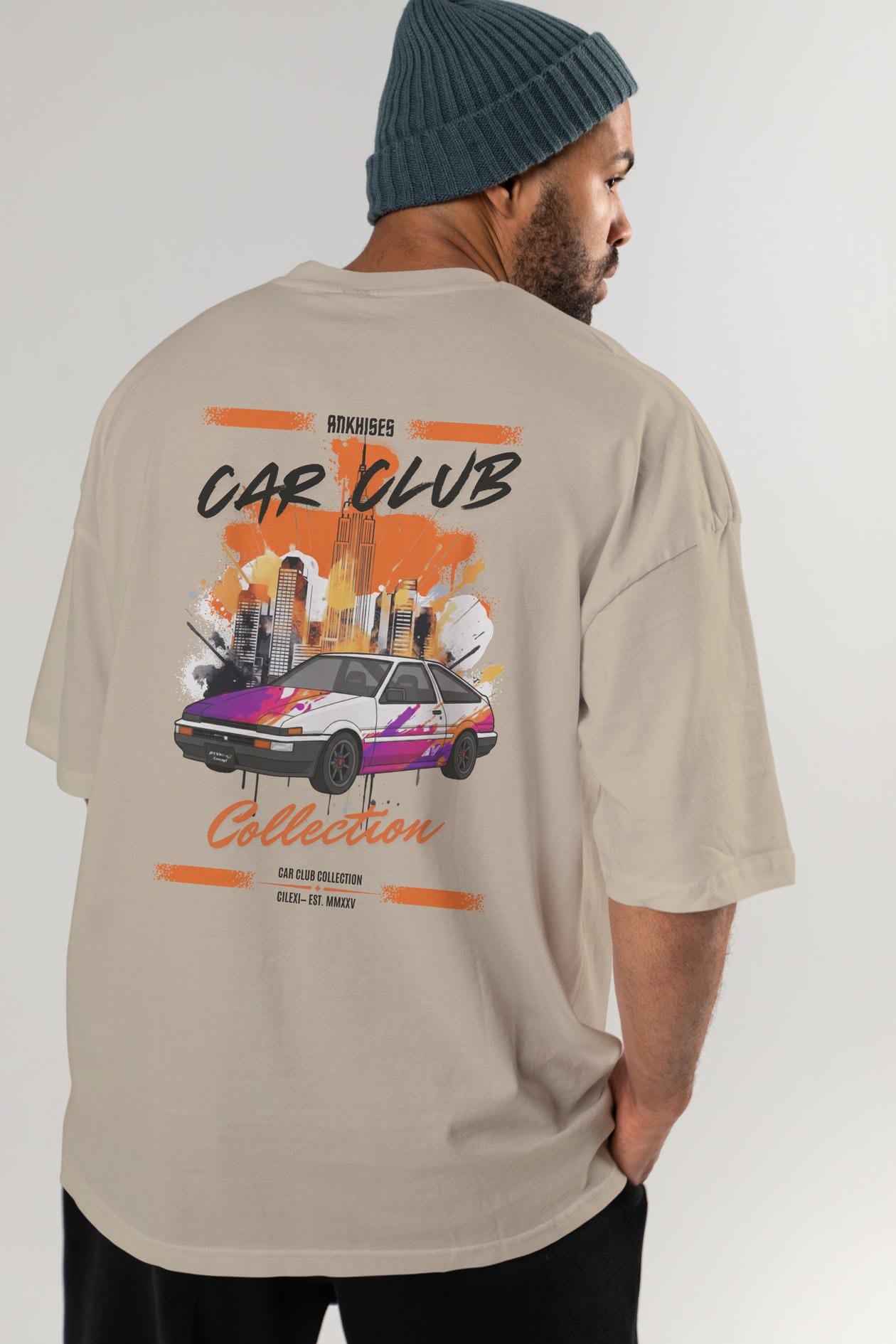 Araba Club Serisi 37 Baskılı Oversize t-shirt Erkek Kadın %100 Pamuk Bisiklet Yaka tişort