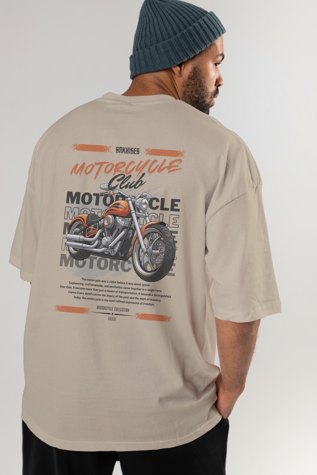 Motosiklet Serisi 34 Arka Baskılı Oversize t-shirt Erkek Kadın %100 Pamuk Bisiklet Yaka tişort