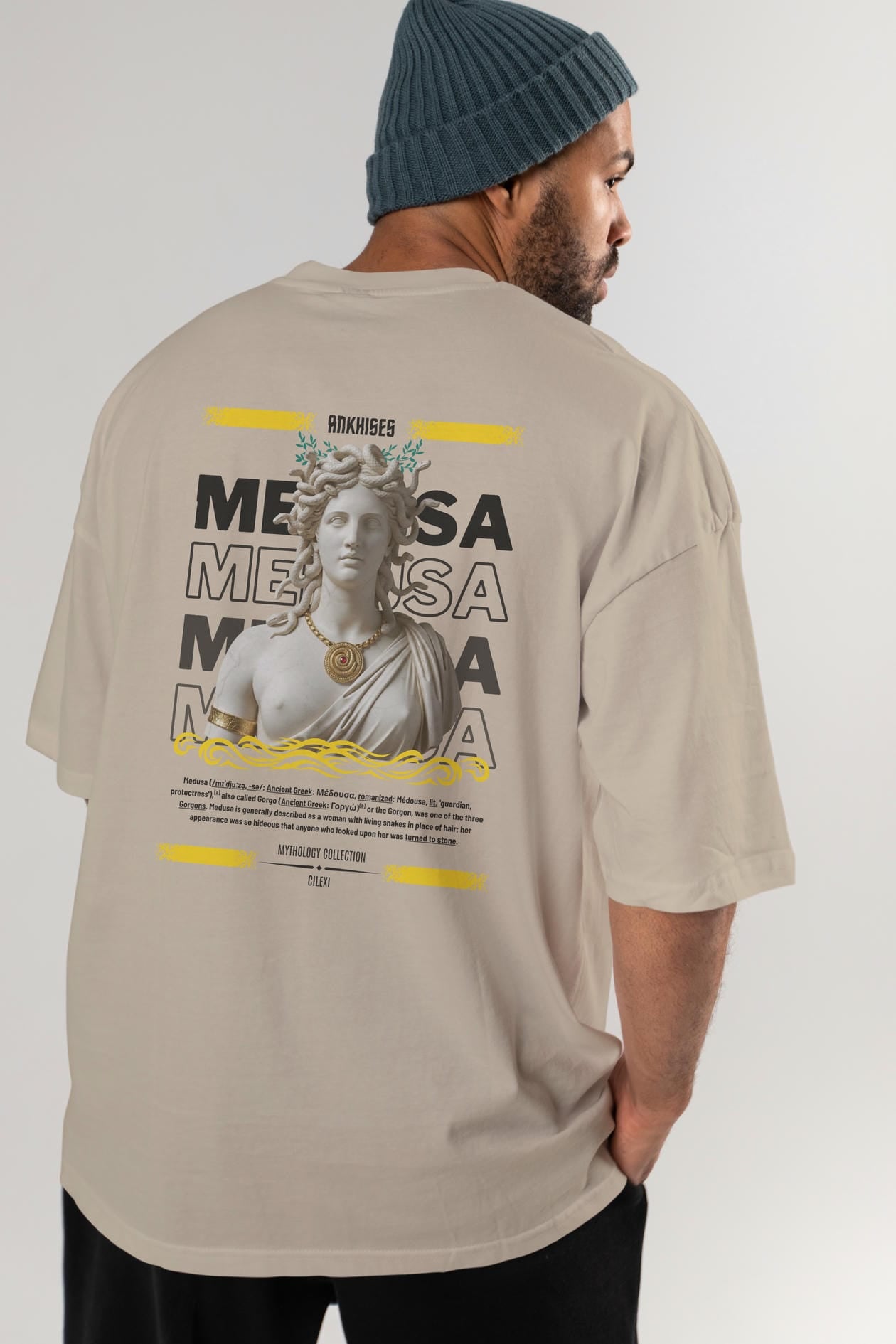 Medusa 3 Arka Baskılı Oversize t-shirt Erkek Kadın %100 Pamuk Bisiklet Yaka tişort