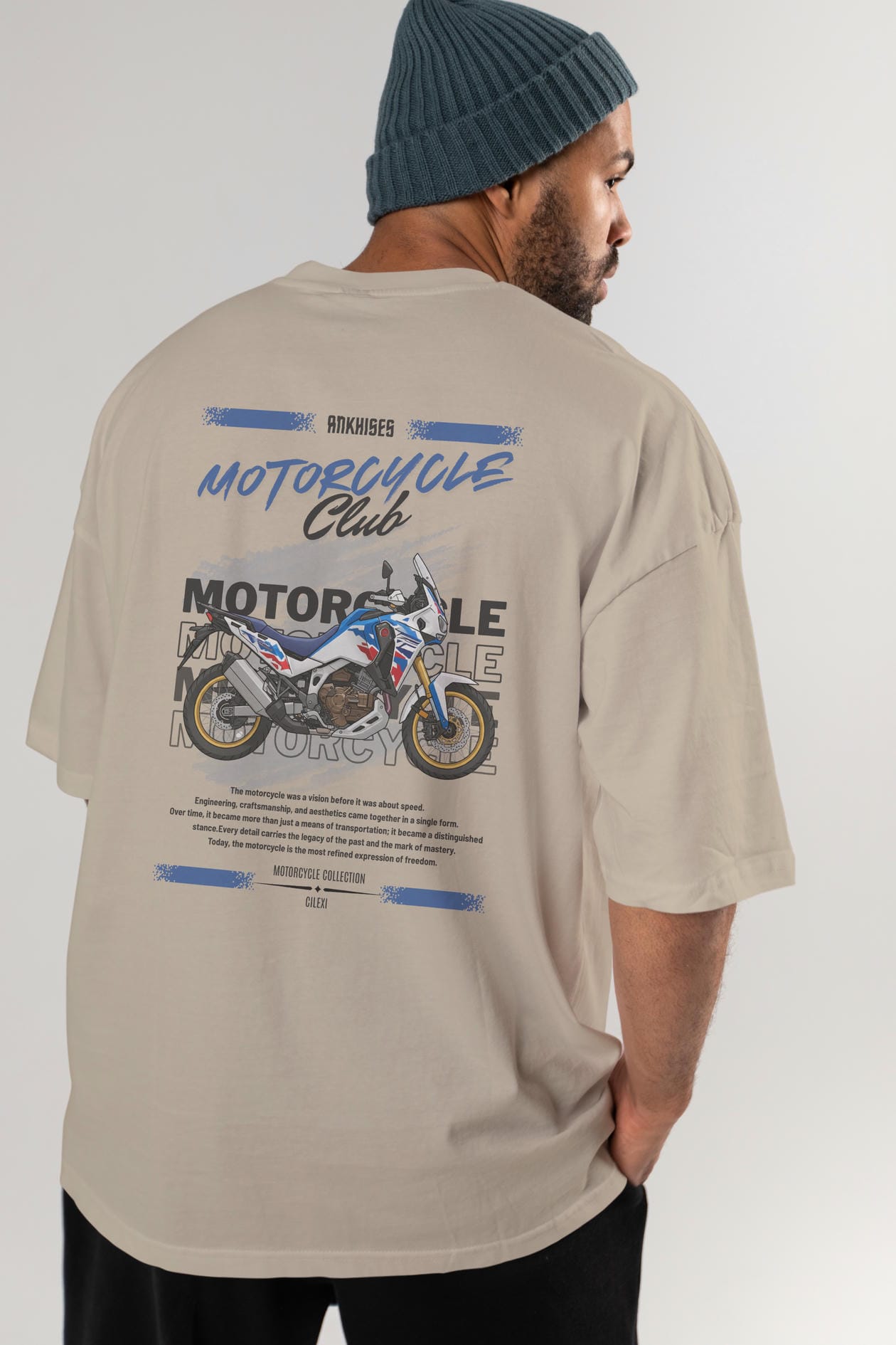 Motosiklet Serisi 23 Arka Baskılı Oversize t-shirt Erkek Kadın %100 Pamuk Bisiklet Yaka tişort