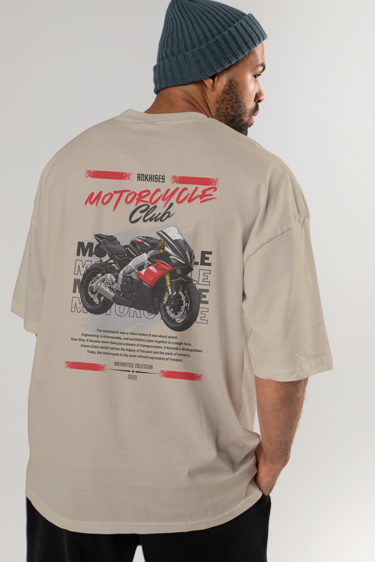 Motosiklet Serisi 8 Arka Baskılı Oversize t-shirt Erkek Kadın %100 Pamuk Bisiklet Yaka tişort