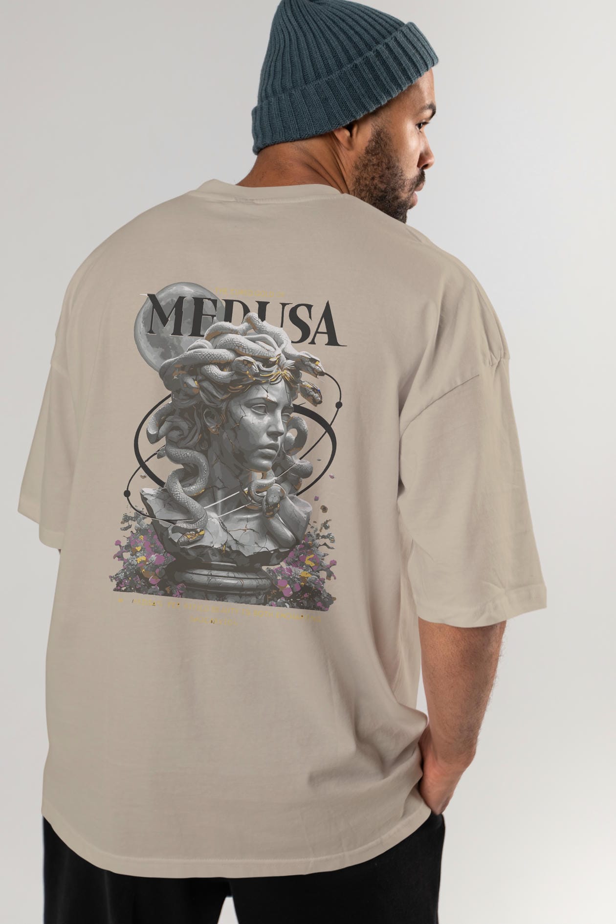 Medusa Arka Baskılı Oversize t-shirt Erkek Kadın %100 Pamuk Bisiklet Yaka tişort