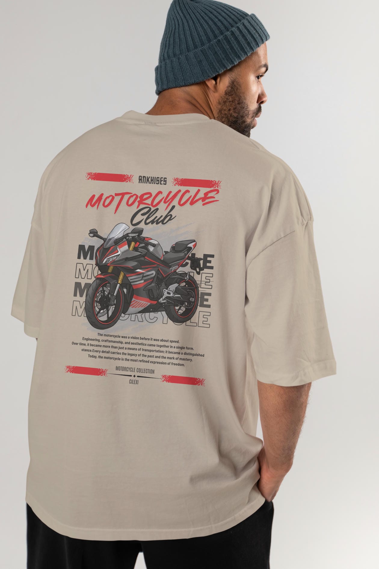 Motosiklet Serisi 17 Arka Baskılı Oversize t-shirt Erkek Kadın %100 Pamuk Bisiklet Yaka tişort