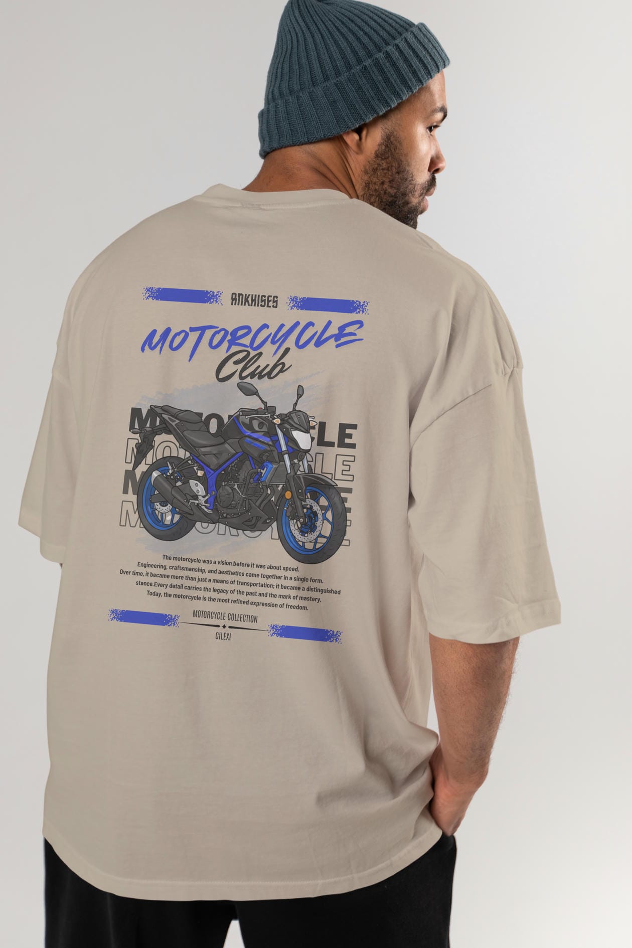 Motosiklet Serisi 22 Arka Baskılı Oversize t-shirt Erkek Kadın %100 Pamuk Bisiklet Yaka tişort