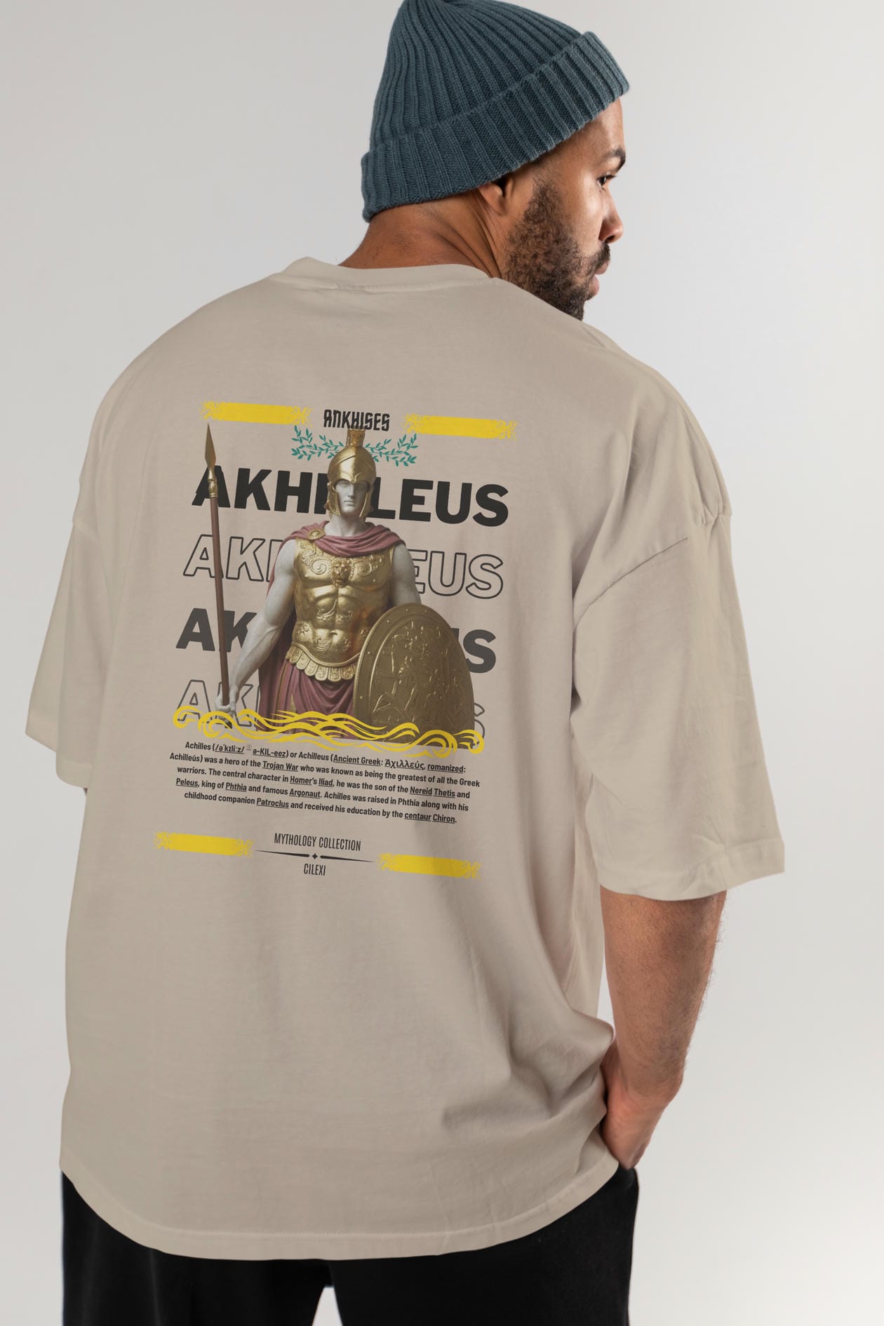 Akhilleus 1 Arka Baskılı Oversize t-shirt Erkek Kadın %100 Pamuk Bisiklet Yaka tişort