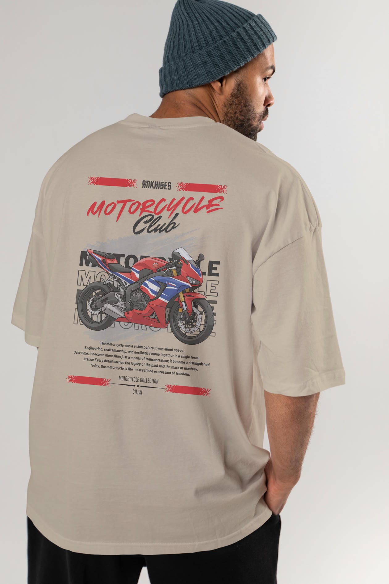 Motosiklet Serisi 25 Arka Baskılı Oversize t-shirt Erkek Kadın %100 Pamuk Bisiklet Yaka tişort