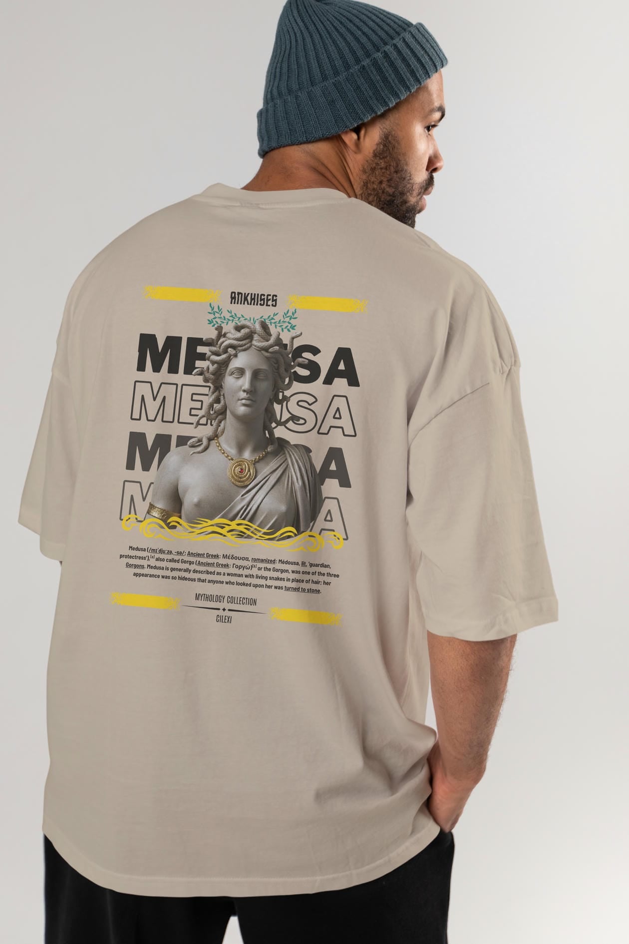 Medusa 4 Arka Baskılı Oversize t-shirt Erkek Kadın %100 Pamuk Bisiklet Yaka tişort