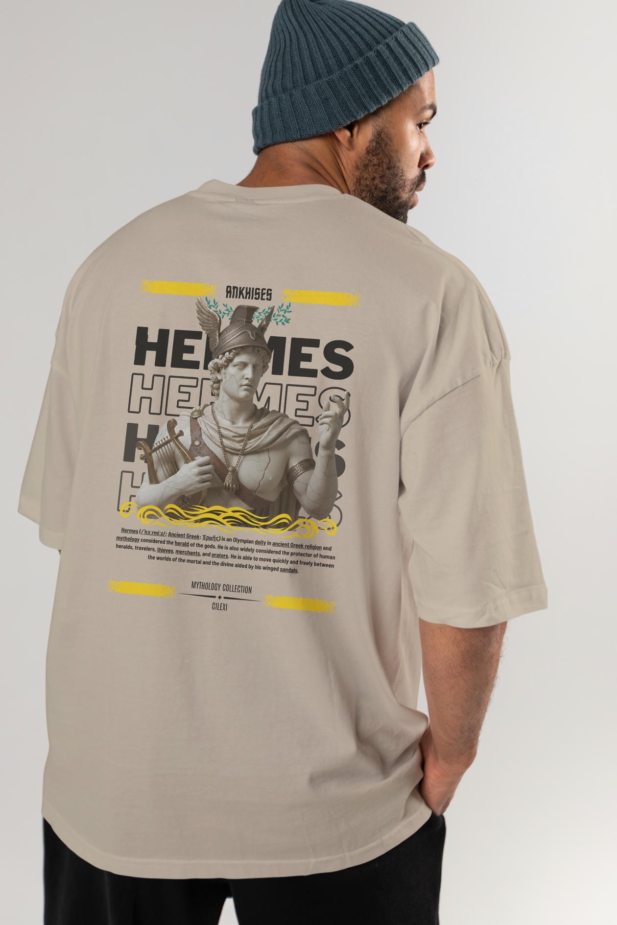 Hermes 2 Arka Baskılı Oversize t-shirt Erkek Kadın %100 Pamuk Bisiklet Yaka tişort