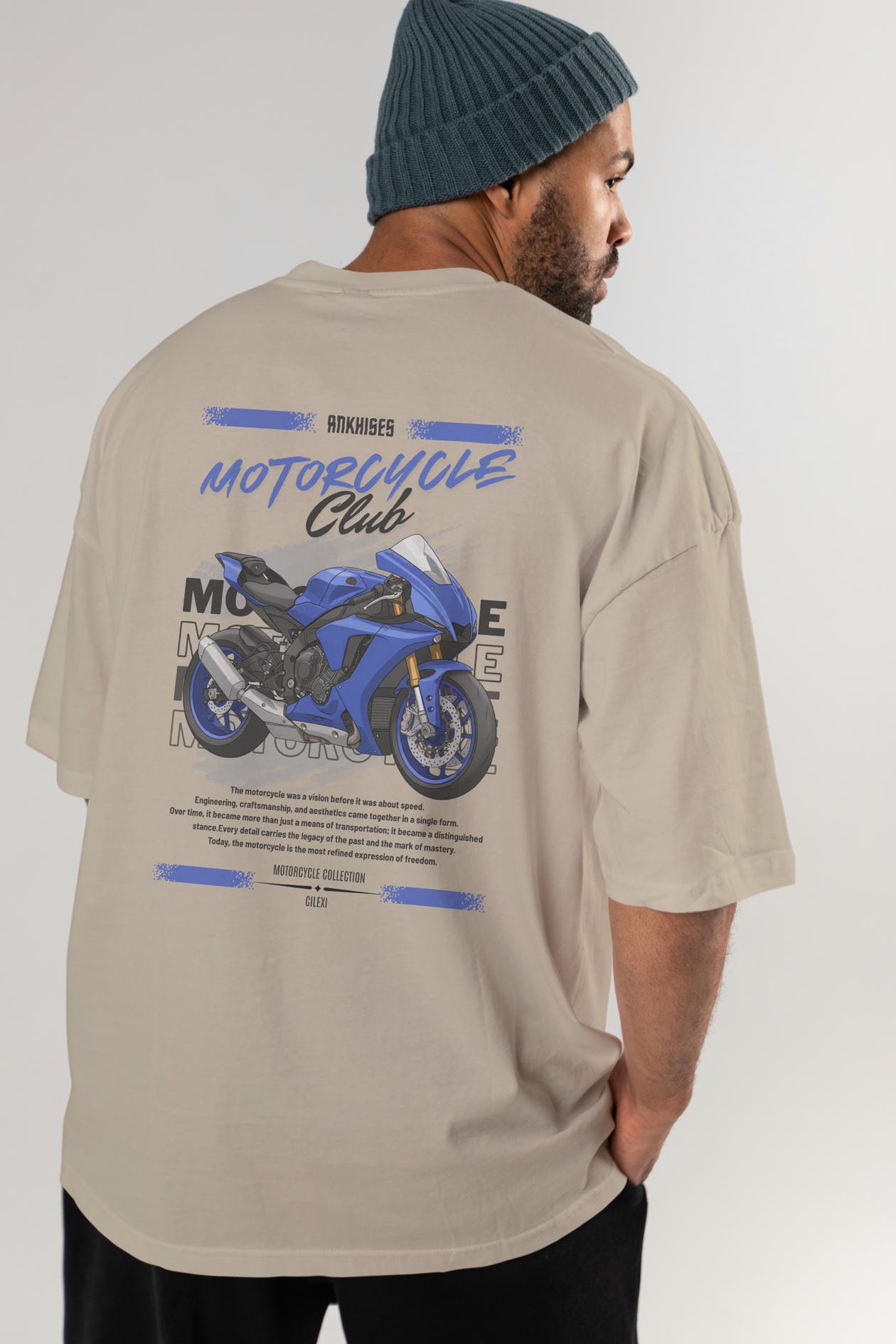 Motosiklet Serisi 31 Arka Baskılı Oversize t-shirt Erkek Kadın %100 Pamuk Bisiklet Yaka tişort