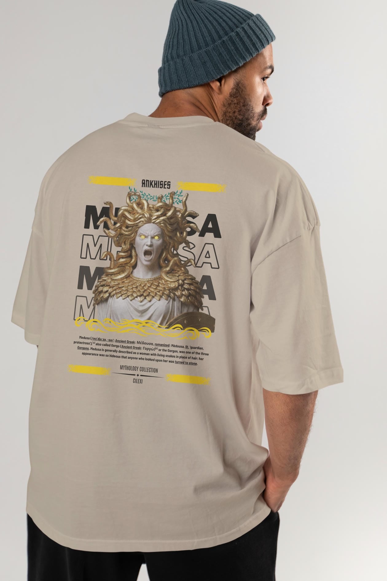 Medusa 1 Arka Baskılı Oversize t-shirt Erkek Kadın %100 Pamuk Bisiklet Yaka tişort
