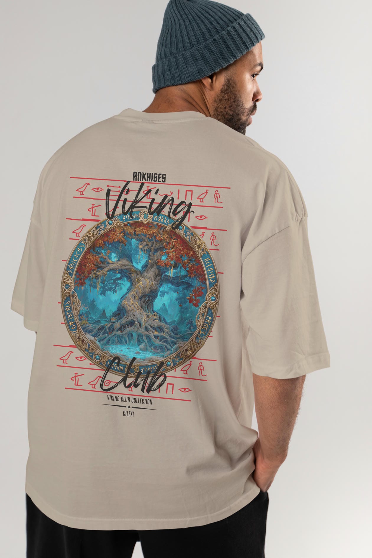 Yggdrasil Arka Baskılı Oversize t-shirt Erkek Kadın %100 Pamuk Bisiklet Yaka tişort