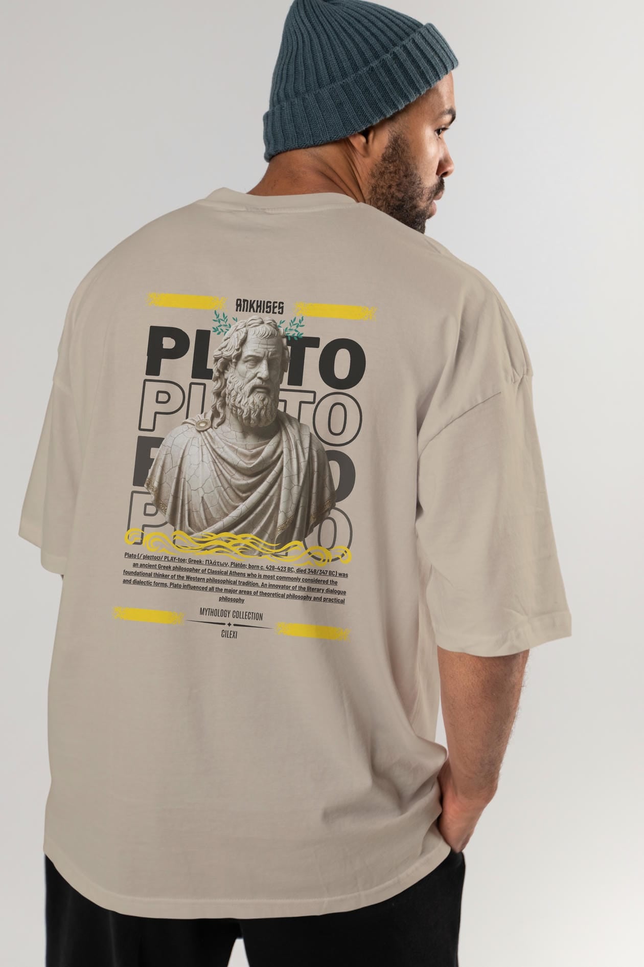 Plato 2 Arka Baskılı Oversize t-shirt Erkek Kadın %100 Pamuk Bisiklet Yaka tişort