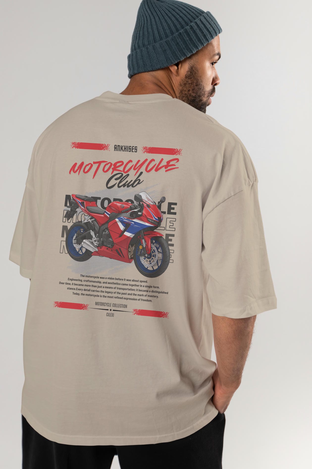 Motosiklet Serisi 24 Arka Baskılı Oversize t-shirt Erkek Kadın %100 Pamuk Bisiklet Yaka tişort