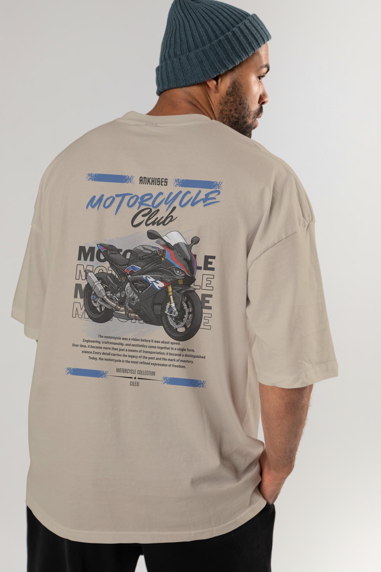 Motosiklet Serisi 2 Arka Baskılı Oversize t-shirt Erkek Kadın %100 Pamuk Bisiklet Yaka tişort