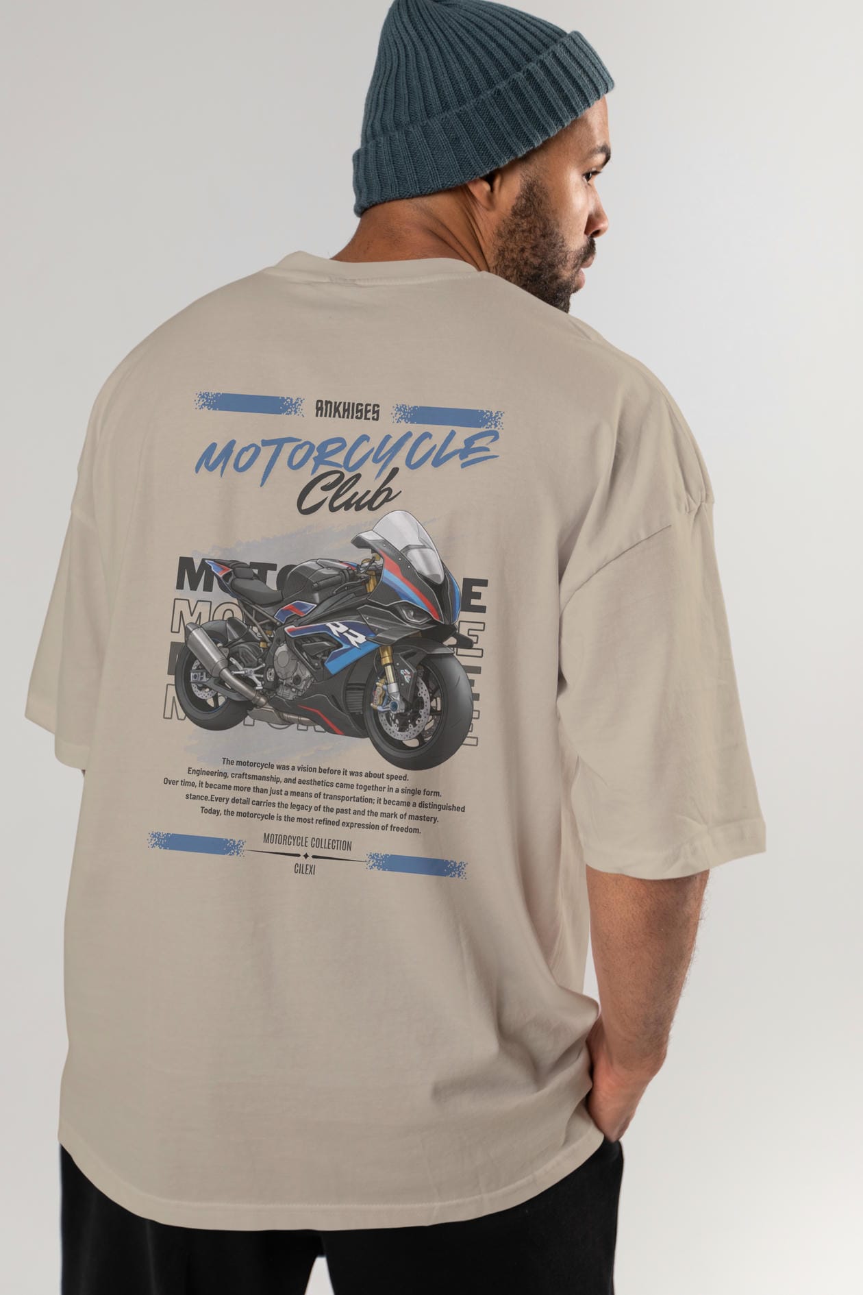 Motosiklet Serisi 1 Arka Baskılı Oversize t-shirt Erkek Kadın %100 Pamuk Bisiklet Yaka tişort