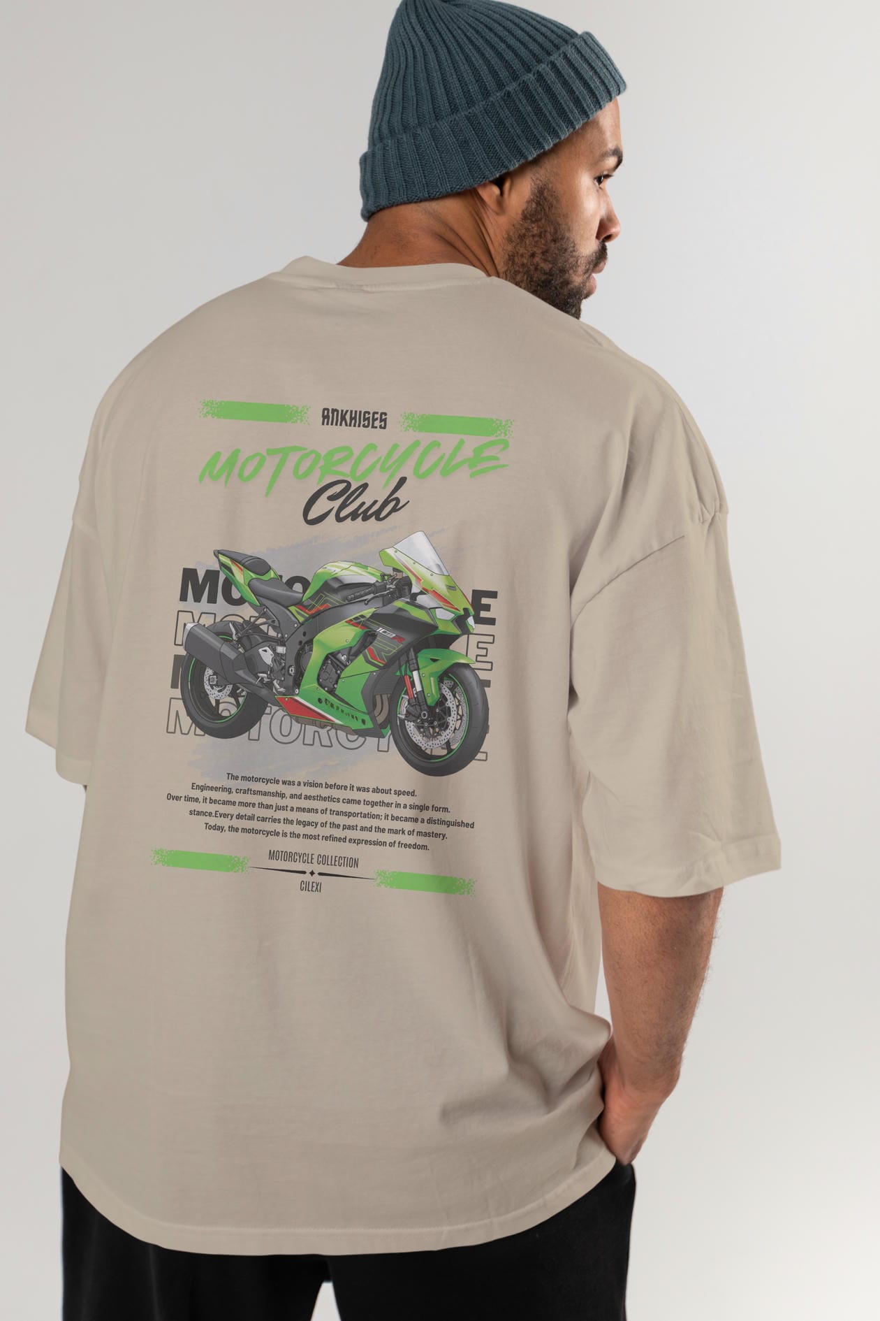 Motosiklet Serisi 14 Arka Baskılı Oversize t-shirt Erkek Kadın %100 Pamuk Bisiklet Yaka tişort